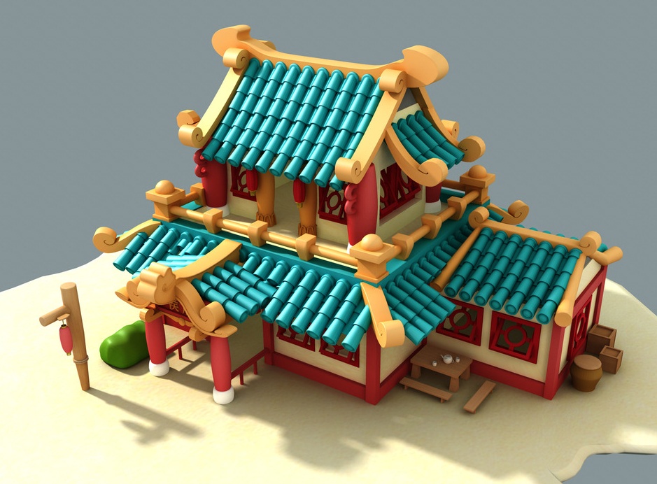 中式古典小楼屋三维3D建模游戏中国风Q风格